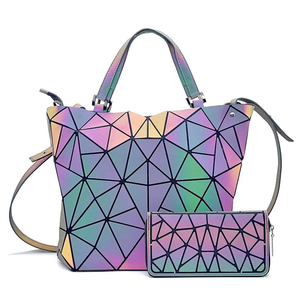 4635 Geometric Luminous Crossbody Bag Set Reflective Holographic Handbag